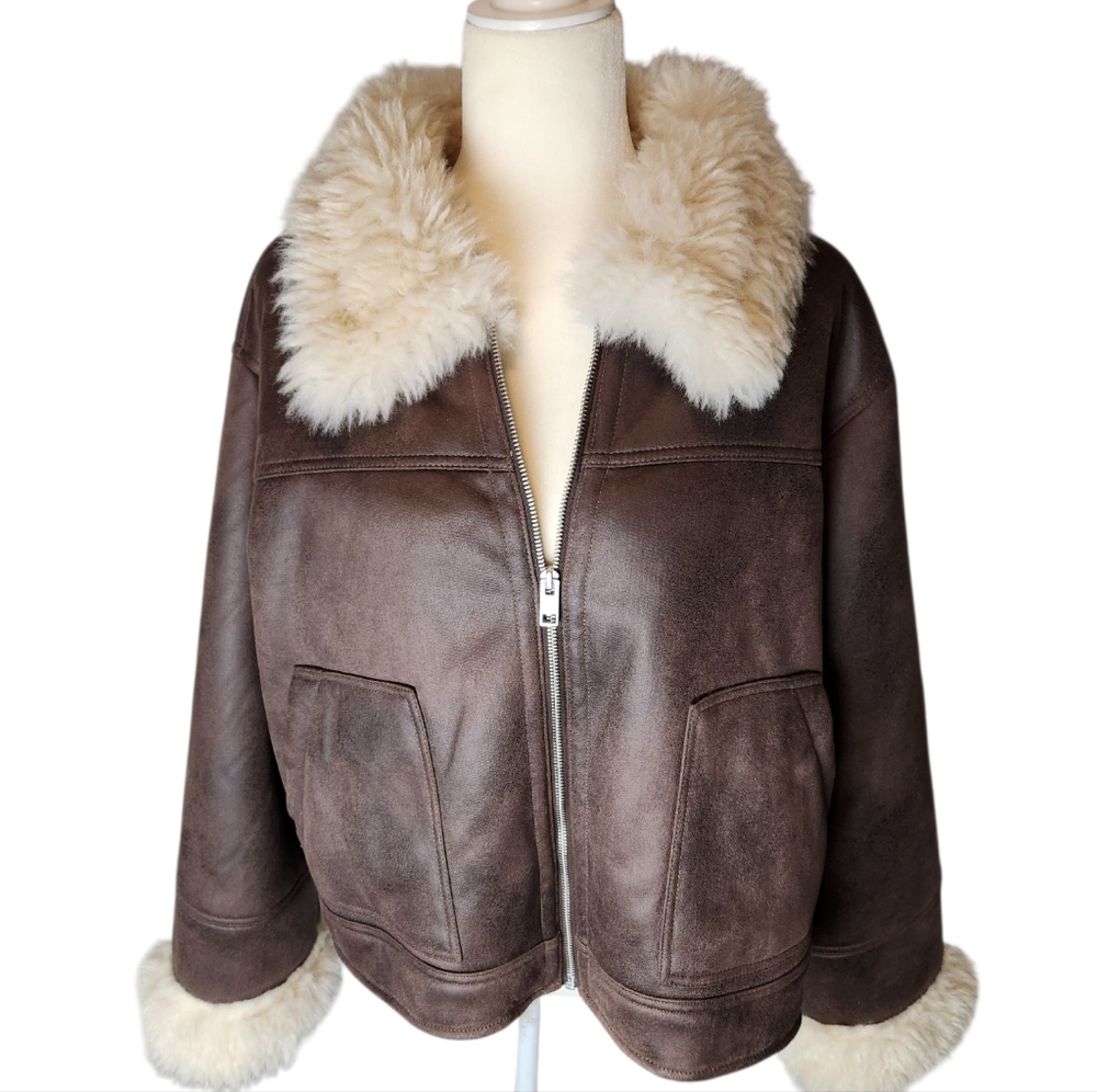 Arizona Jean Company Brown Bomber Jacket with Cream Shearling Trim